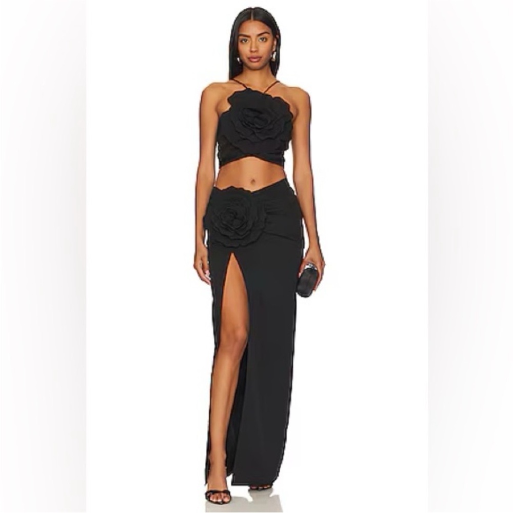 Lovers + Friends Black Maxi Skirt with Floral Appliqué and High Thigh Slit